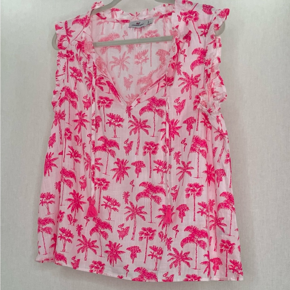 Vineyard Vines Palm & Plumeria Knock Out Pink Ruffled Sleeve Top - Size L